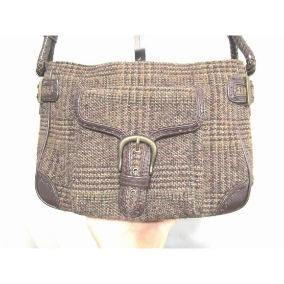 Eddie Bauer Medium Size Brown Plaid Tweed & Leather Shoulder Handbag - Picture 6 of 10